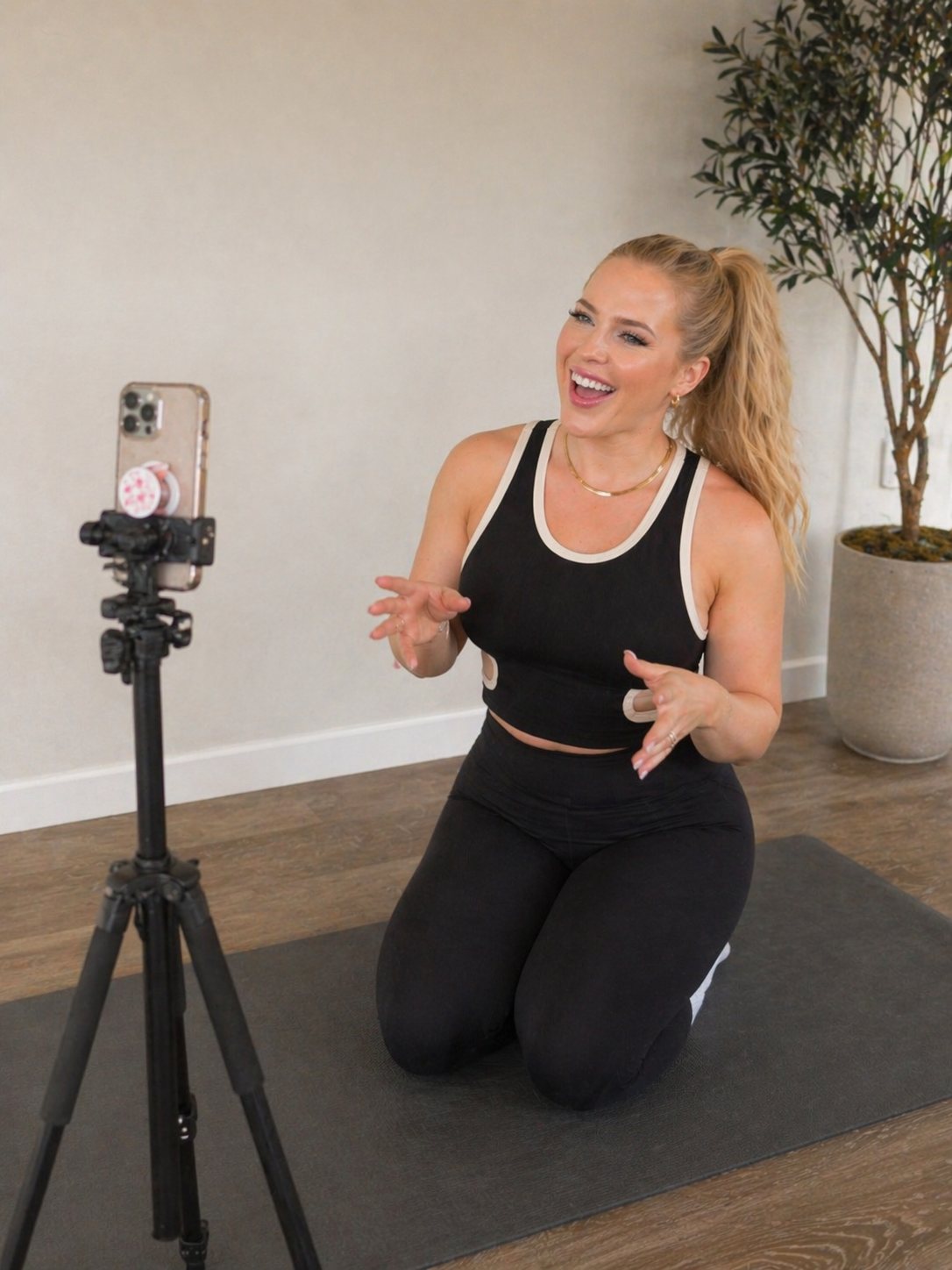 Tanya filming content on a tripod at home